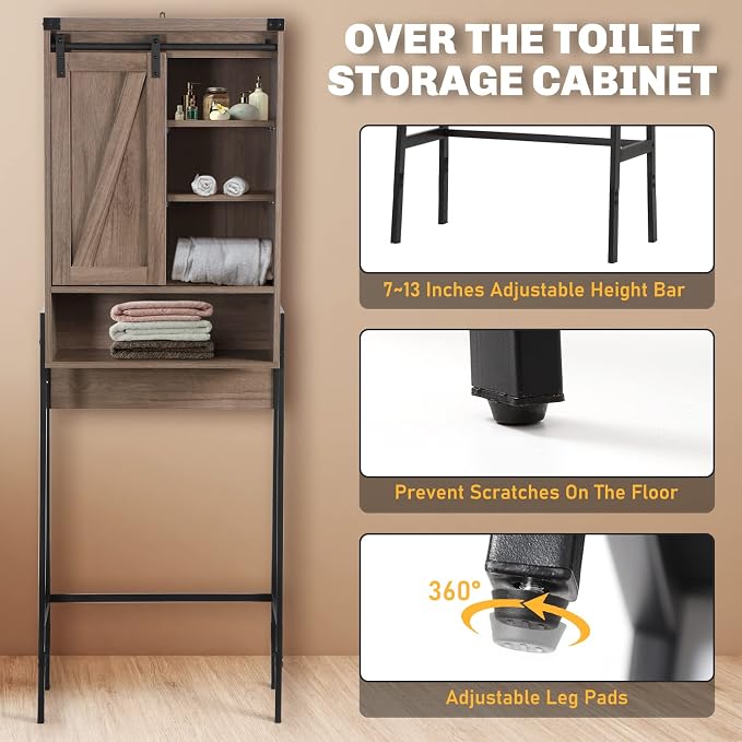 Over The Toilet Storage Cabinet, Behind Toilet Bathroom Organizer with Adjustable Shelves, Above Toilet Organizers with Barn Door, Space Saver for Restroom, Bathroom, Laundry, Grey