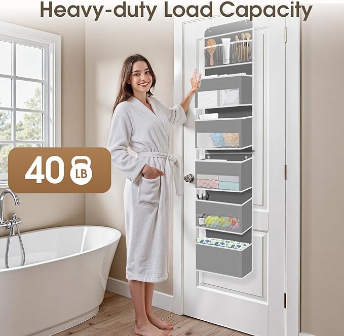 SpaceHacks 6-Tier Over The Door Organizer, Hanging Storage Organizer with Clear Window, 40lb Ultra Sturdy Large Capacity Room Organizer for Pantry Bathroom Nursery Closet Baby Essential (Grey)