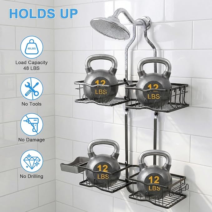 Shower Caddy Hanging Organizer, Rustproof Shower Organizer Hanging for Handheld Showerhead with Hooks for Razor/Sponge, Bathroom Caddy Rack Shower Shelves for Shampoo Soap Towels, Black