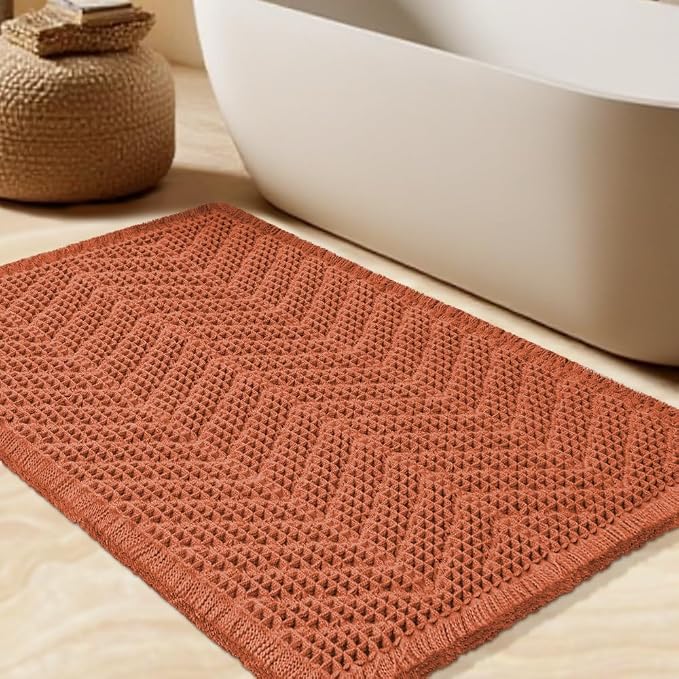 Upgrade Waffle Bath Mat, Boho Bathroom Rugs Absorbent Non Slip, Ultra Soft Bathroom Mat, Machine Washable Knit Bath Rugs with Herringbones for Bathroom, Bedroom, Kitchen, Tub, 36"x24", Burnt Orange