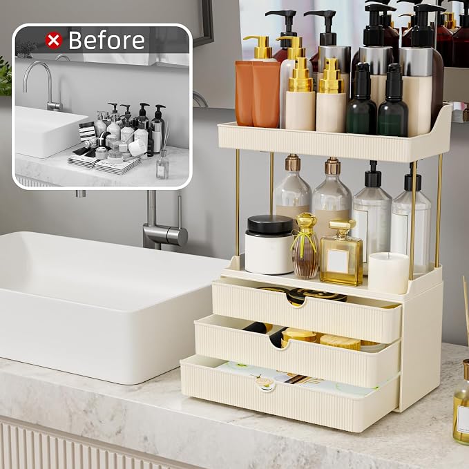 StorBin 3 Drawers Bathroom Vanity Organizer Sidesplashes- 5 Tier Makeup Organizer, Versatile Perfume Organizer, Ideal for Bathroom Storage, Vanity, Large Skincare, Perfume, Present, Cream White