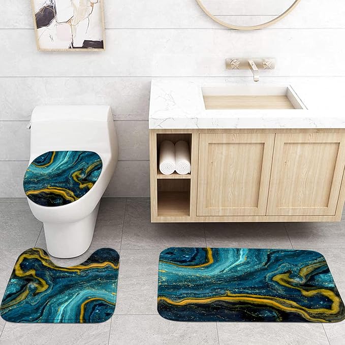 Nkzply 4 Pcs Teal Blue Marble Shower Curtain Set Turquoise Bathroom Sets with Shower Curtain and Rugs Gold Modern Abstract Bathroom Decor Accessories Bathroom Rugs Toilet Lid Cover with Hooks