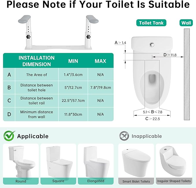 Toilet Safety Rails for Seniors, Reinforced Height Adjustable Toilet Rails, Anti Slip Durable Heavy Duty Toilet Handles for Elderly, Space Saving Toilet Safety Frame for Elderly Disabled