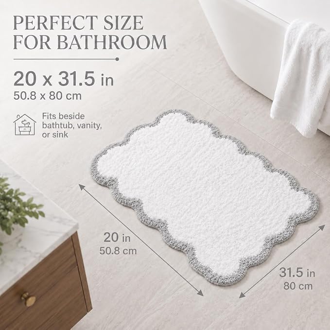 Scalloped Grey Bath Rug, Cute Bathroom Rug, Soft Absorbent Quick Dry Bath Mat, TPR Non Slip Backing, Microfiber Mat for Shower Tub Sink Vanity 20" x 31.5"