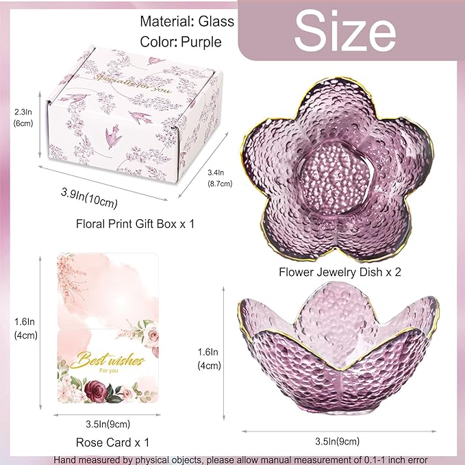Gifts for Women Purple Flower Jewelry Dish Glass Ring Holder Decorative Jewelry Tray Cute Vanity Room Decor Aesthetic Nightstand Bathroom Decor Trinket Dish Friendship Christmas Birthday Gifts (2pcs)