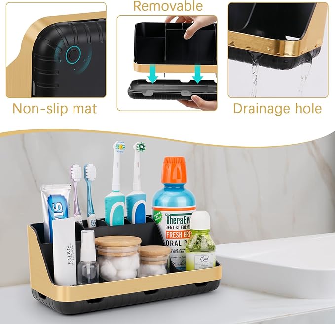 GFWARE Gold Toothbrush Holders for Bathrooms Countertop Organizer - Detachable 7 Slots Electric Toothbrush and Toothpaste Holder, Kids Organization and Storage, Restroom Accessories Vanity Stuff