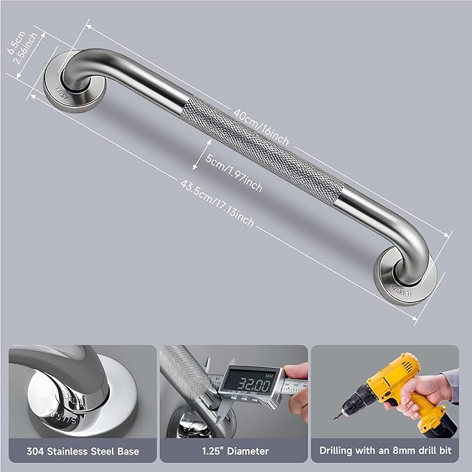 16 Inch Shower Grab Bar 1.25" Dia， Brushed Nickel Anti Slip Bathroom Grab Bar, 304 Stainless Steel Knurled Handicap Grab Bars, Safety Support Handrail， Bath Shower Handle for Elderly Injury Senior