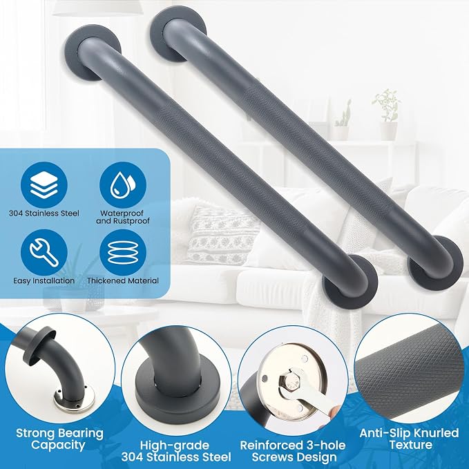 Grab Bars for Shower, Zynuhmo 2 Pack 16 Inch Anti Slip Stainless Steel Bathroom Safety Shower Grab Bar Handrails for Handicap Injury Pregnant Senior Assist Shower Handles(Gun Grey, 1.25" Diameter)