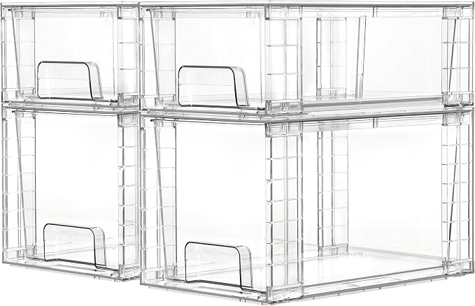 Vtopmart 4 Pack Clear Stackable Storage Drawers,Under Sink and Kitchen Organizers Storage,Easy to Assemble Plastic Drawers for Baby Bottle,Medicine, Bathroom,Cabinet and Pantry Organization