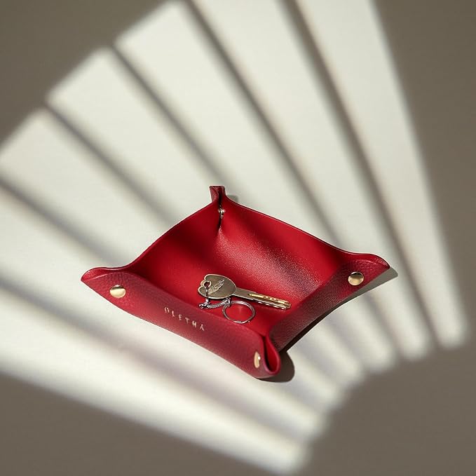 OLETHA Small Foldable Valet Tray - Aesthetic Desk Organizer for Home, Office & Travel - Portable Catch All Bowl for Keys, Jewelry & Essentials - Red