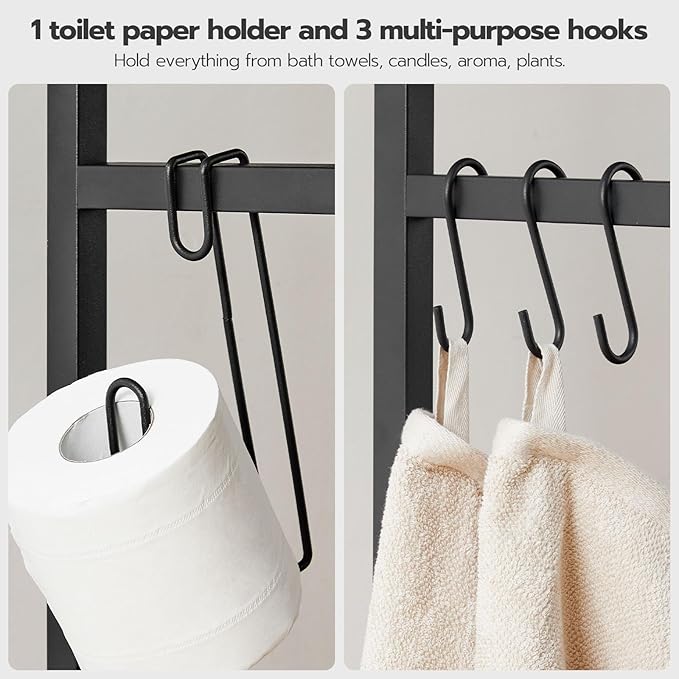 HOOBRO Over The Toilet Storage, 2-Tier Bathroom Organizer Over Toilet, Freestanding Bathroom Storage Shelves with Toilet Paper Holder and Hooks, Space Saver for Room, Rustic Brown and Black BF49TS01