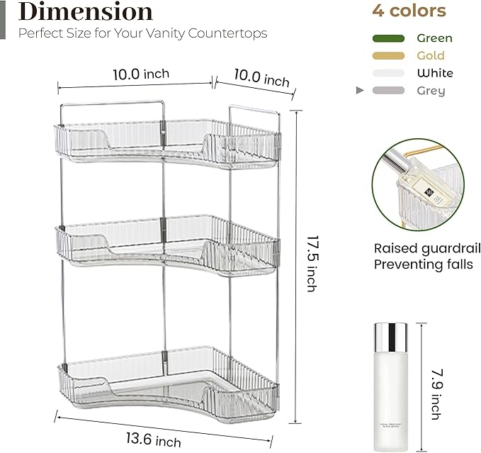 Aveniee Corner Bathroom Counter Organizer, Bathroom Countertop Shelf Makeup Organizer for Vanity Perfume Tray for Corner Storage (3 Tiers, Grey)