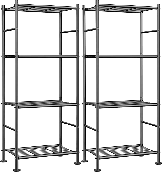Sakugi Storage Shelves - Set of 2, 4-Tier Metal Shelf Organizer, Space-Saving Garage Shelving with Leveling Feet, Standing Shelves Organizer for Kitchen, Laundry, Pantry (18.1"x12.3"x44.1", Black)