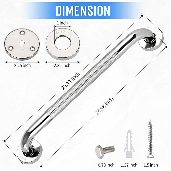 2 PCS Shower Grab Bars for Seniors, 24 Inch Anti Slip Shower Handle, Stainless Steel Bathroom Balance Bar, Safety Hand Rail Support, Assist Bath Handrails for Handicap, Elderly, Pregnant