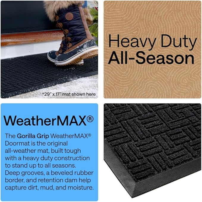 GORILLA GRIP 100% Waterproof All-Season WeatherMAX Doormat, 60x24, US Designed Natural Rubber, Stain and Fade Resistant, Low Profile Indoor Outdoor Door Mats, Easy Clean Patio Mat, Midnight Maze