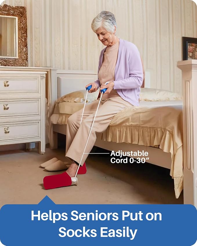 Jellas 4.6 Inch Wide Sock Aid Kit - Long Rope Assist Device for Seniors, Limited Mobility, Post-Surgery | No Bend Sock Helper & Remover | Easy On/Off Socks Tool (White)