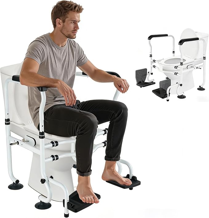 Toilet Safety Rails with Footrests, Adjustable Height & Width, Foldable Heavy Duty Toilet Safety Frame with Handles, Supports 500 lbs, Fits Most Standard Toilets-Suit for Elderly, Seniors & Disabled