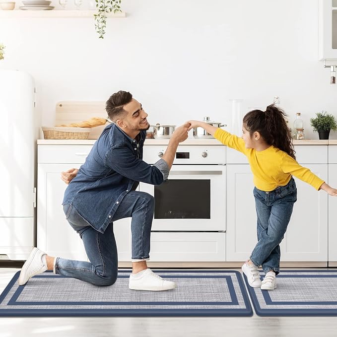 Mattitude Kitchen Mats Set of 2 Cushioned 0.47 inch Kitchen Rugs Non-Skid Rug Sets Ergonomic Comfort Standing Mat for Kitchen, Floor, Office, Sink, Laundry, Blue and Gray