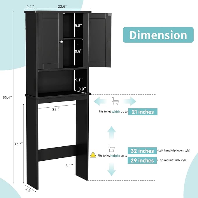 Shintenchi Over the Toilet Storage Cabinet, Bathroom Shelf Organizer with Anti-Tip Device Small Freestanding Space Saver with Adjustable Shelf，Black