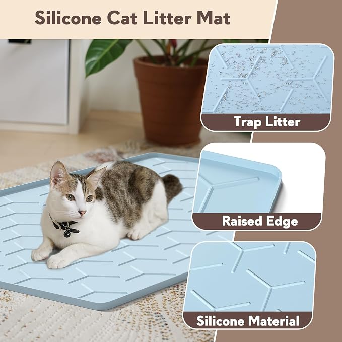 Garoopion Silicone Cat Litter Trapping Mat, Large Waterproof 34" X 22" Cat Litter Box Mat, Easy to Clean, Blue