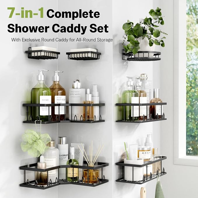 Shower Shelf Corner, 7-Pack Adhesive Shower Caddy, Metal Shower Caddy with Soap Holder, Black Shower Shelves No Drilling Bathroom Caddy for Shower, Home Decor Rv Accessories, Apartment