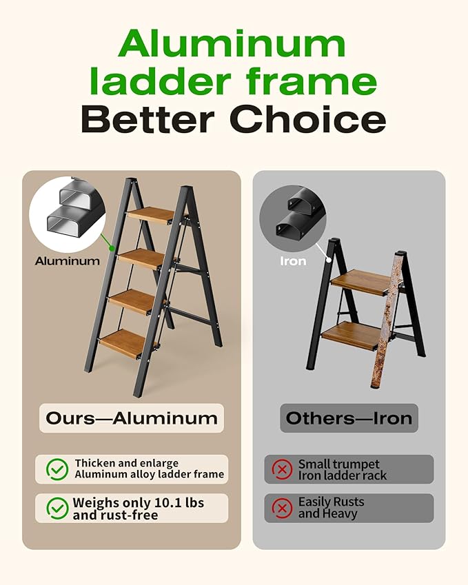 Taranta 4 Step Ladder,Aluminum Lightweight Folding 4 Step Stool with Anti-Slip Wide Pedal, 330lbs Capacity Step Ladder for Household,Kitchen,Office - BlackWoodgrain