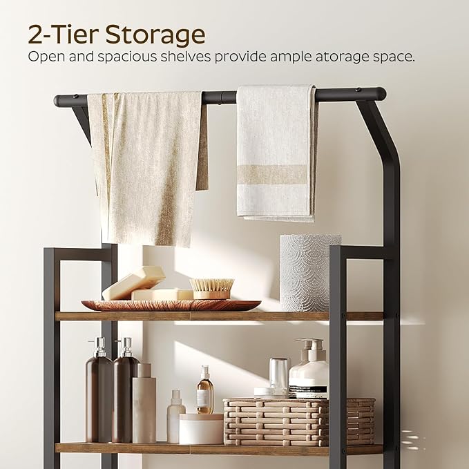 YATINEY 2-Tier Over The Toilet Storage, Multifunctional Vertical Over Toilet Bathroom Organizer, Freestanding Bathroom Storage Shelves with Hooks, Bathroom Organizer, Rustic Brown and Black TR01BR