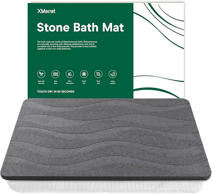 XMarrat Stone Bath Mat, 23.6'' x 15.4'' Super Absorbent Diatomaceous Earth Bath Mat Large, Quick Drying Non-Slip Diatomite Stone Bath Mats for Bathroom, Easy to Clean (Dark Gray)