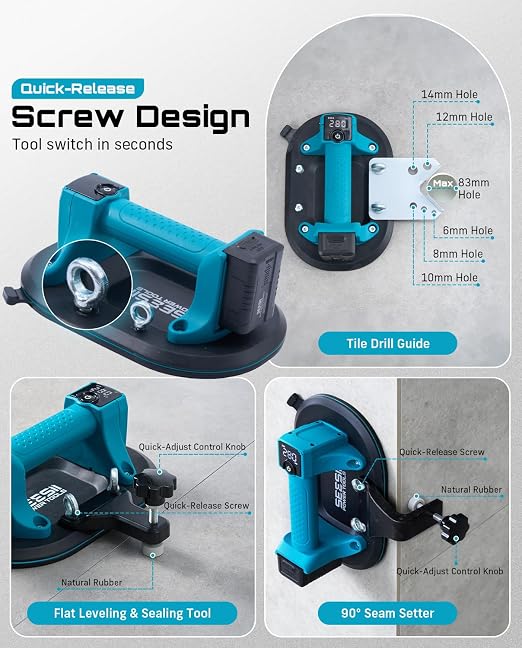 SEESII 4-in-1 Electric Suction Cups for Tile Lifting, Drill, Seam & Leveling: 10" Large Glass Suction Cup, Heavy Duty Vacuum Lifter with 280KG/617LBS Max Load, 4X 3000mAh Batteries, Digital Display