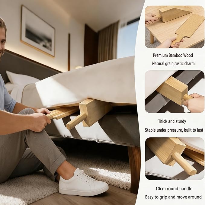 Mattress Lifter & Sheet Tucker Tool Set, Mattress Wedge Elevator, Bed Sheet Tucking Paddle, Used for Lifts & Holds The Mattress, Tucks Sheets, Removes Sheets, Alleviating Back Pain (Bamboo Wood)