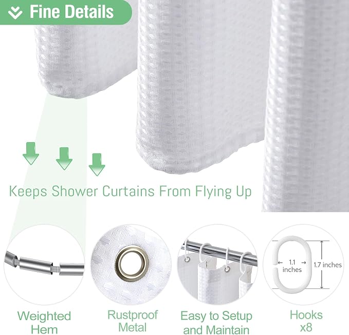 Dynamene Stall Fabric Shower Curtain - 48 inch Wide Waffle Weave Weighted Thick Cloth Shower Curtain for Bathroom, Neutral Heavy Duty Hotel Spa Luxury Bath Curtain Set with 8 Hook, 48x72, White