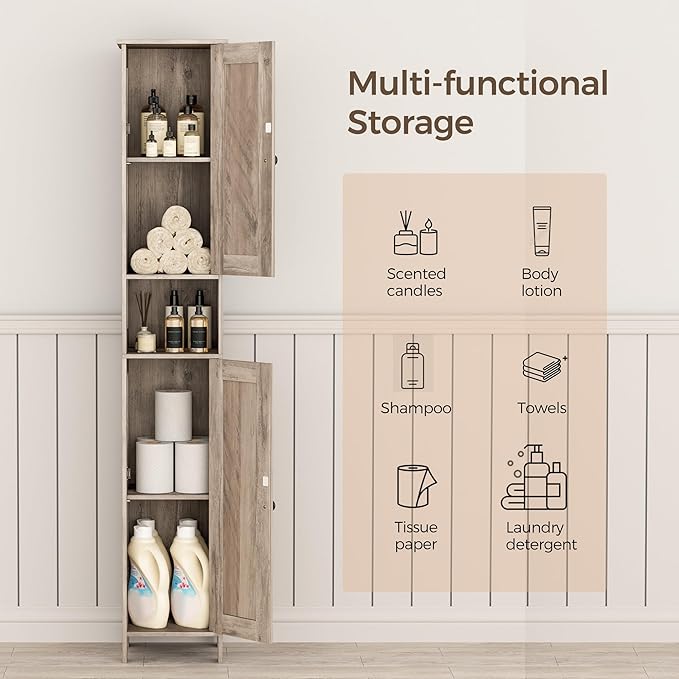 Homleke Tall Bathroom Storage Cabinet with 2 Doors, 67"H Narrow Storage Cabinet with Adjustable Shelves& Anti-Tip Design, Reversible Door Installation, Easy Assembly, 11.8 x 11.8 x 66.9 Inches, Greige