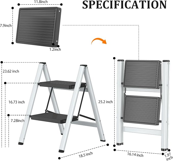 DIAMONDFORGE 2 Step Ladder, Lightweight Folding Step with Wide Anti-Slip Pedal & Feet, 330 lbs Capacity,Sturdy Steel Step Ladder for Home,Office and Library,Gray Black