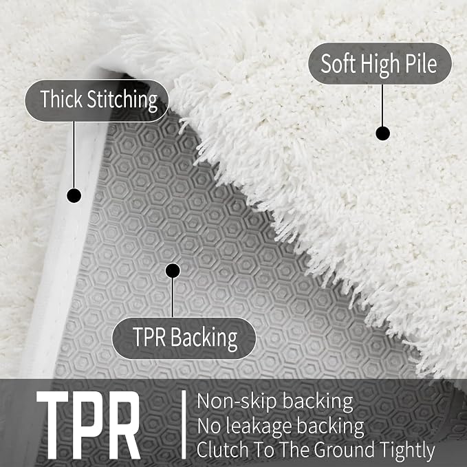 Yimobra Fluffy Plush Bath Rug, Super Shaggy Soft Comfortable Non Slip, Water Absorbent Microfiber Bath Mat, Dries Quickly, Machine Washable Thick Bathroom Rugs for Shower, 70" X 24", Off White