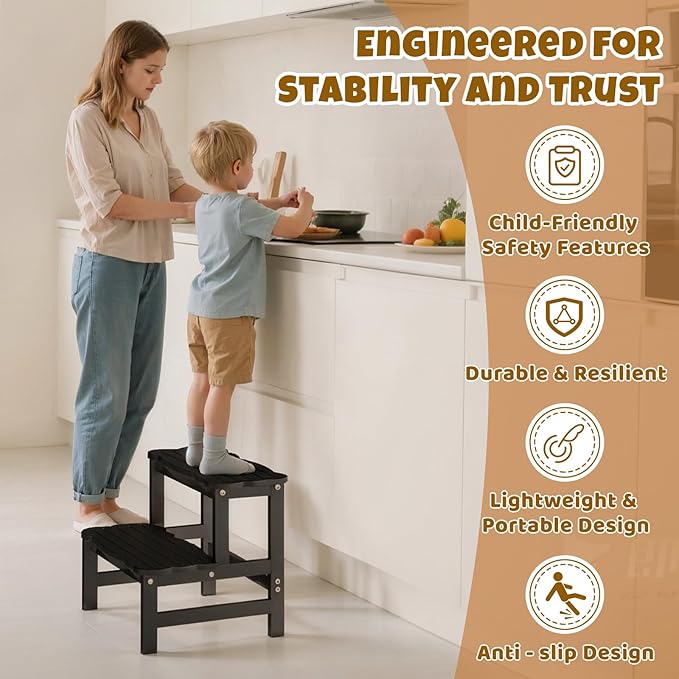COSYLAND Step Stool for Toddlers - Two Step Stools Toddler 300 lbs Capacity with Safety Non-Slip Design, Natural Step Stool for Bathroom, Kitchen Dual Height Step Stools for Kids Black