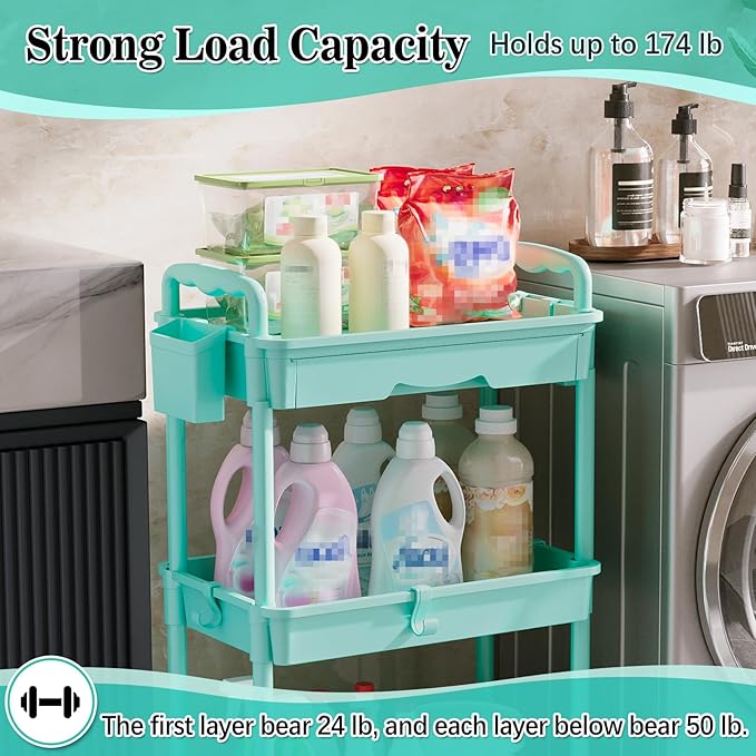 SUNALLY 3-Tier Rolling Cart with Drawer & Lockable Wheels, Bathroom Storage Organizer Multifunctional Rolling Storage Cart for Bathroom, Kitchen, Office, Craft, Makeup, Baby Essentials, Blue