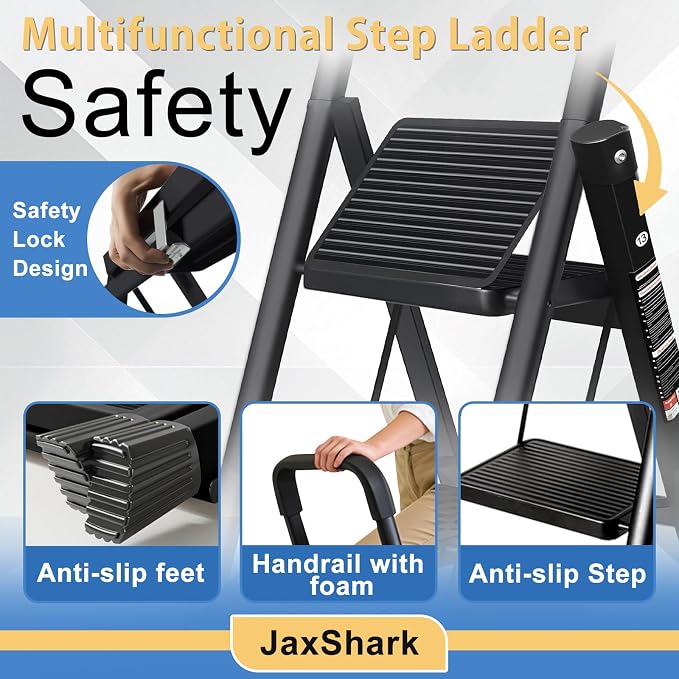 4 Step Ladder Folding Step Stool with Handrail 500LBS Capacity Sturdy Carbon Steel Frame Anti-Slip Pedal & Feet Portable for Home Kitchen Garage Bathroom (black-4step)