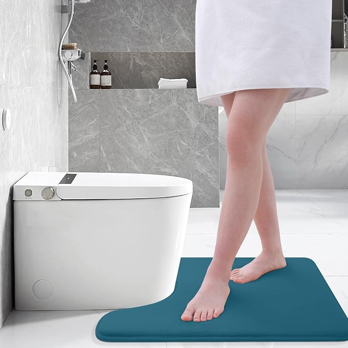 Smiry Memory Foam Toilet Rugs U-Shaped 20x20, Extra Soft Absorbent Non-Slip Contour Bathroom Rugs, Machine Washable Bath Mats for Toilet, Peacock Blue