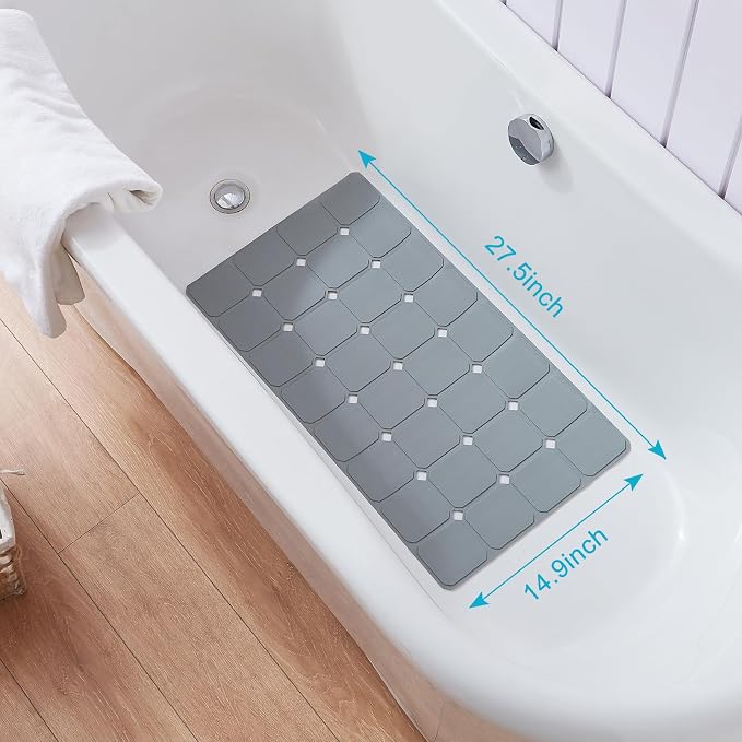 Yanzifly Non-Slip Silicone Bathtub Mat – Foldable, Machine Washable, Durable & Eco-Friendly Bath & Shower Mat with Strong Suction Cups, Large Drain Holes, Ideal for Family Use, 14.9 x 27.5in, Grey
