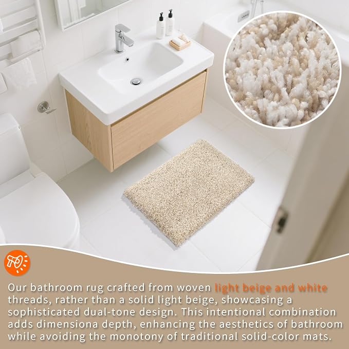 Yimobra Bathroom Rugs Non Slip Washable, Ultra Soft and Water Absorbent Bath Mats, Plush Fluffy Shower Mat Outside, Microfiber Thick Matts for Bathroom Floor/Sink, 24X17, Light Beige and White