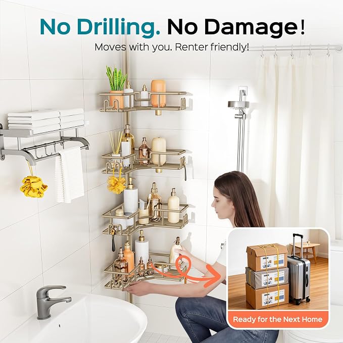 HAMITOR No Drilling Shower Rack: Tension Pole Corner Bathroom Accessories with Hooks - 4-Tier Adjustable Rustproof Shelves - Renter-Friendly Space-Saving Caddy for Family & Apartment 47-123 Inch Khaki