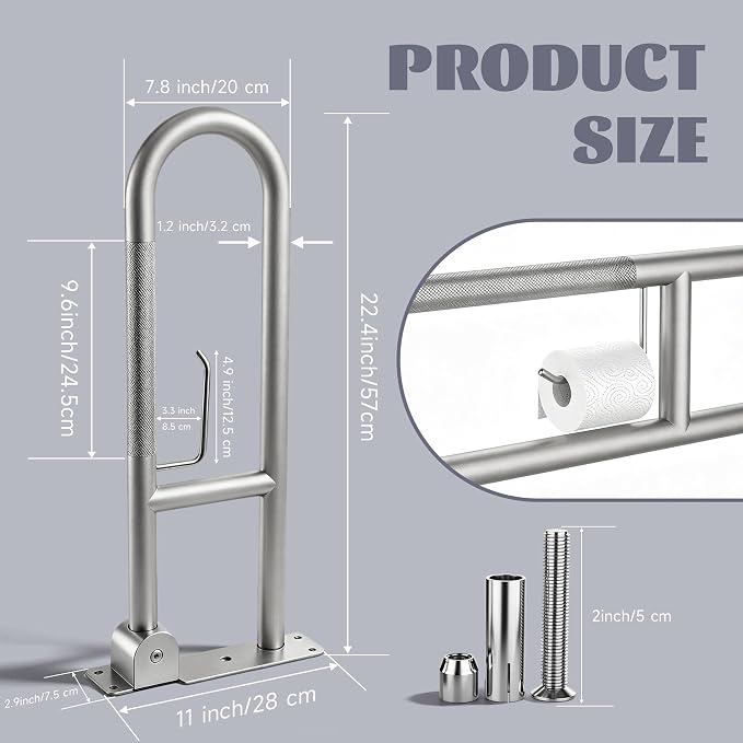22.5 Inch Toilet Grab Bar, HUAS Brushed Nickel Anti Slip Bathroom Toilet Safety Rails, U Shaped Flip-Up Handicap Grab Bars w/Paper Holder, Stainless Steel Support Handrail for Elderly Disabled Senior