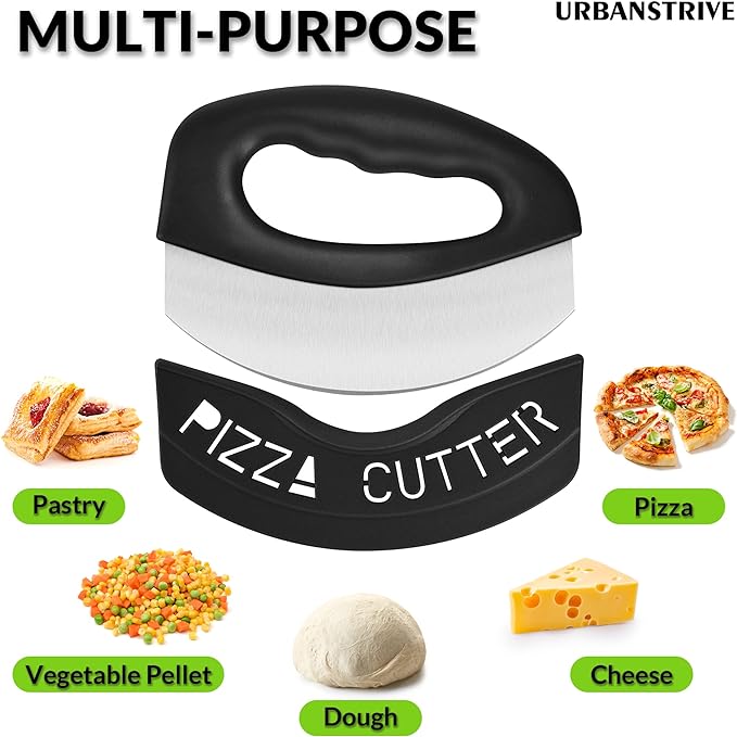 Urbanstrive Heavy Duty Stainless Steel Pizza Cutter with Cover, Super Sharp Blade Pizza Knife Pizza Cutter Rocker, Perfect Kitchen Gadgets for Pizza Cutting Home Essentials (Black)
