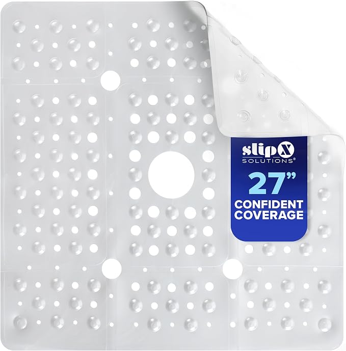 SlipX Solutions 27" Oversize Square Shower Mat, Non-Slip Mat for Elderly & Kids, 100+ Power Grip Suction Cups for Smooth Surfaces, Machine Washable, White Pearl