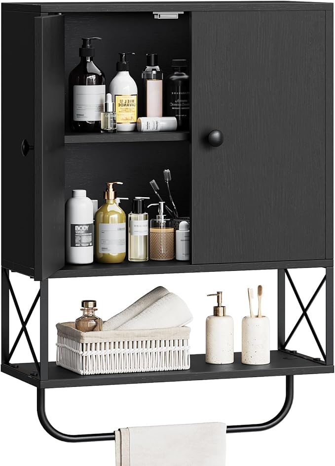 MAHANCRIS Bathroom Wall Cabinet with 2 Door and Adjustable Shelf, Farmhouse Medicine Cabinet with Towel Rack, 3-Tier Wall Mounted Storage Cabinet Over The Toilet for Bathroom, 18.9" L, Black