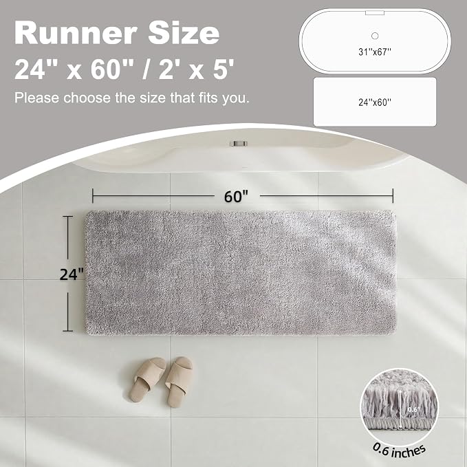 TYUU Bathroom Runner Rug, Ultra Soft Long Bath Mat Machine Washable Super Absorbent Quick Dry Bathroom Runner Rugs 24 x 60 Non Slip, Light Grey 24" x 60"