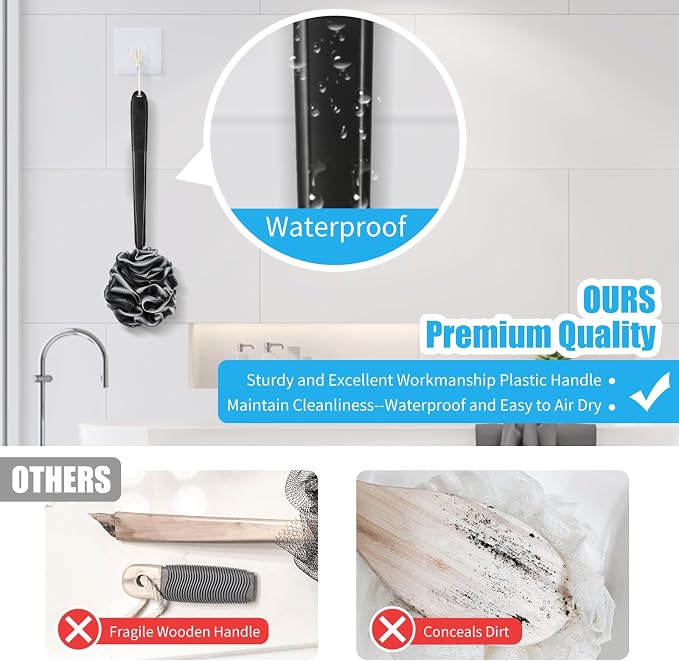 VANZAVANZU Loofah Sponge Set Loofah Exfoliating Body Scrubber, Anti-Slip Plastic 17" Handle Loofah on a Stick with Fluffy Shower Sponge, PE Soft Mesh Shower Loofahs-Black with White Edge