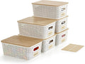 Bagnizer Small Plastic Storage Bins with Bamboo Lids 5.2qt Stackable Box Basket Pantry Decorative Containers Cute with Labels for Organizing Desktop Closet Office Cream White of 6 packs 10*7.2*4.1"