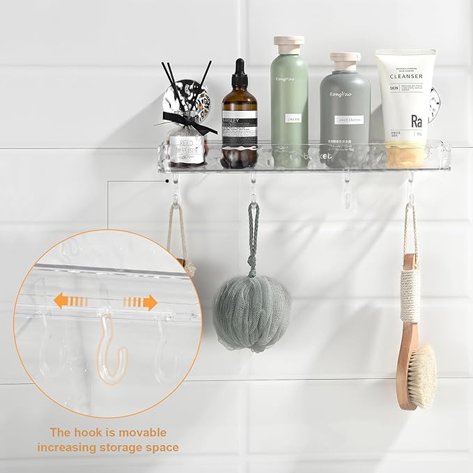 Shower Caddy Suction Cup, Wall Mounted Suction Shower Rack Organizer, No Drilling Clear Shelf Basket with 4 Movable Hooks, Bathroom Storage Rack Suitable for Smooth Walls