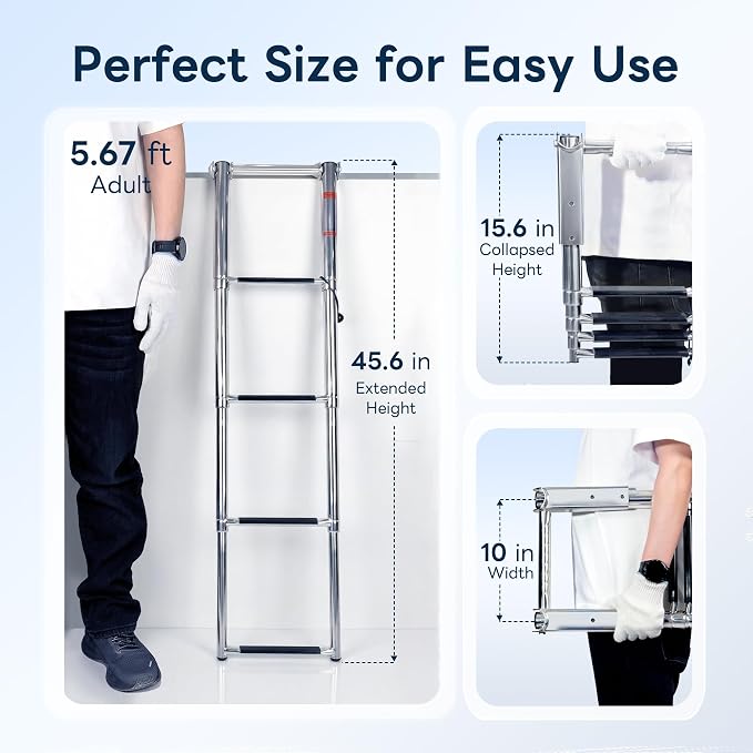 Boat Ladder,Stainless Steel Telescoping Folding Heavy Duty Pontoon Swim Boarding Ladder for Outboards,Yacht,Marine Fishing Boat